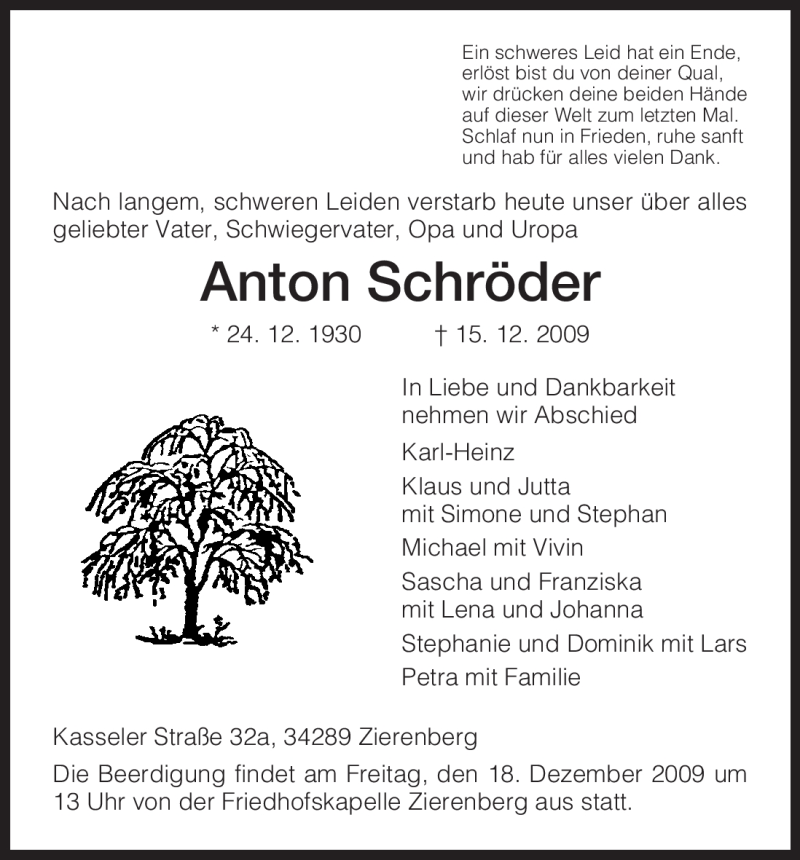  Traueranzeige für Anton Schröder vom 17.12.2009 aus HNA