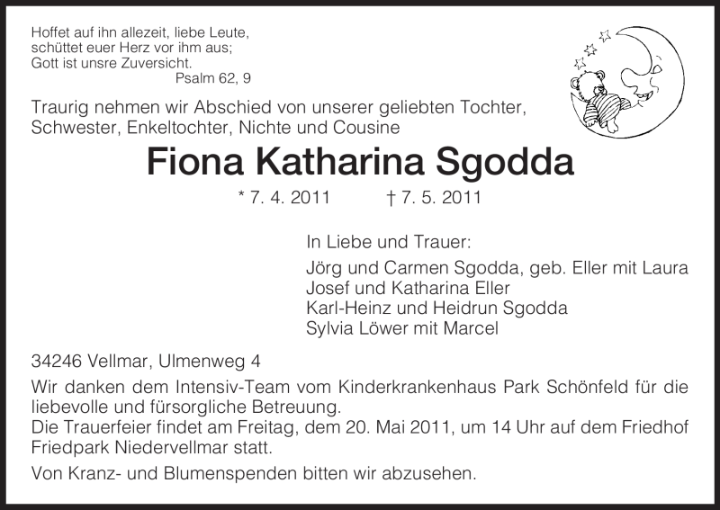  Traueranzeige für Fiona Katharina Sgodda vom 14.05.2011 aus HNA