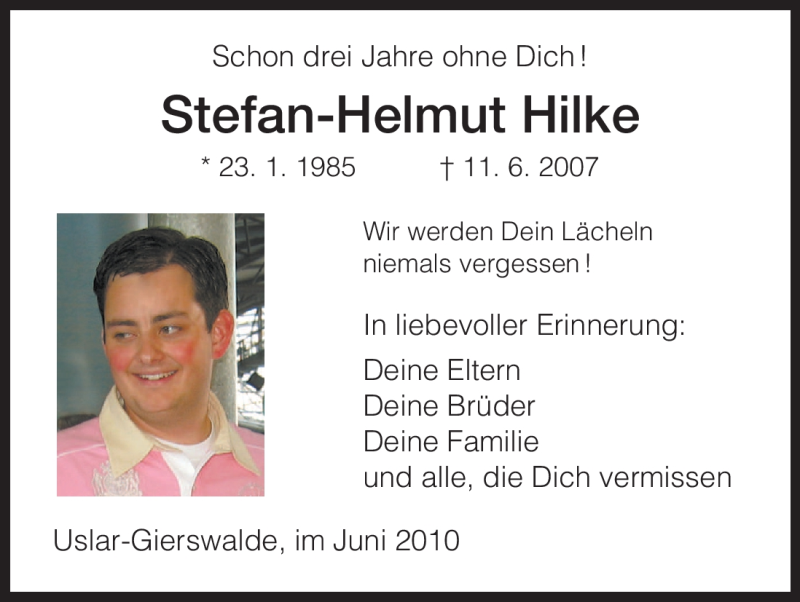 Traueranzeige für Stefan-Helmut Hilke vom 11.06.2010 aus HNA
