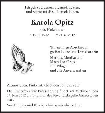 Traueranzeige von Karola Opitz von HNA