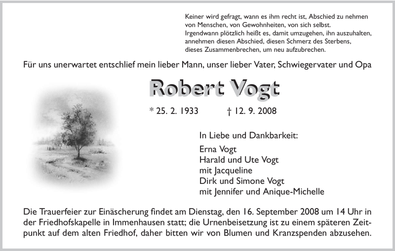  Traueranzeige für Robert Vogt vom 15.09.2008 aus HNA