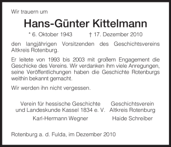 Traueranzeige von Hans-Günter Kittelmann von HNA