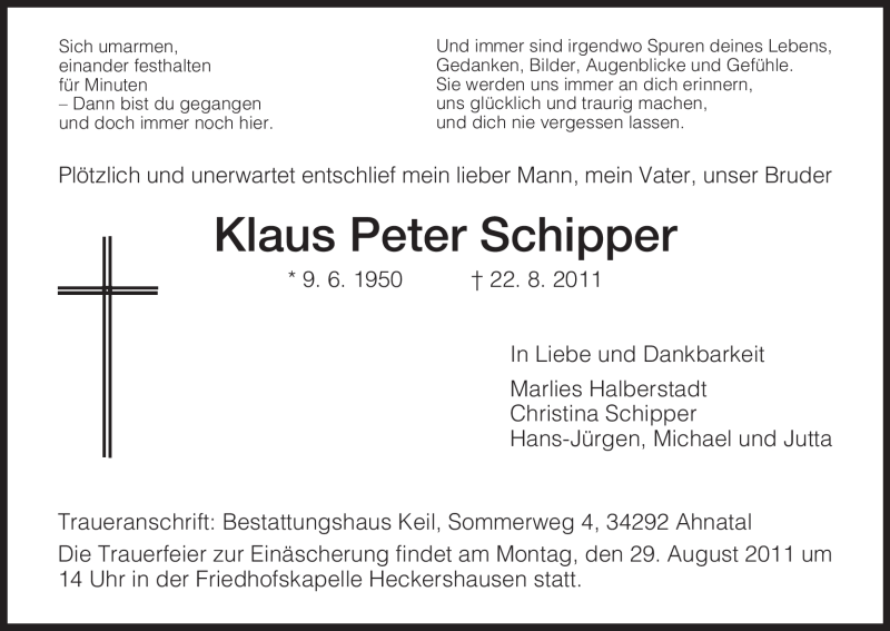  Traueranzeige für Klaus Peter Schipper vom 26.08.2011 aus HNA