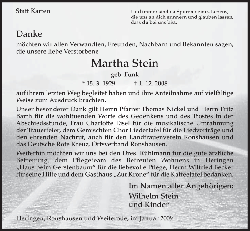  Traueranzeige für Martha Stein vom 17.01.2009 aus HNA