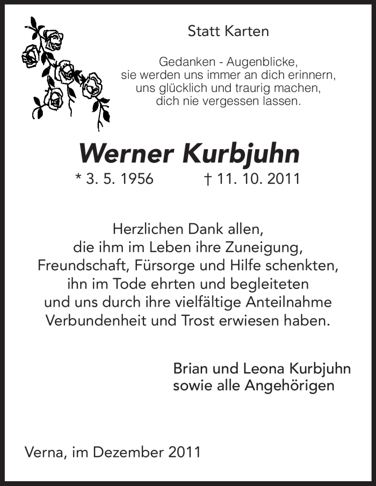  Traueranzeige für Werner Kurbjuhn vom 03.12.2011 aus HNA