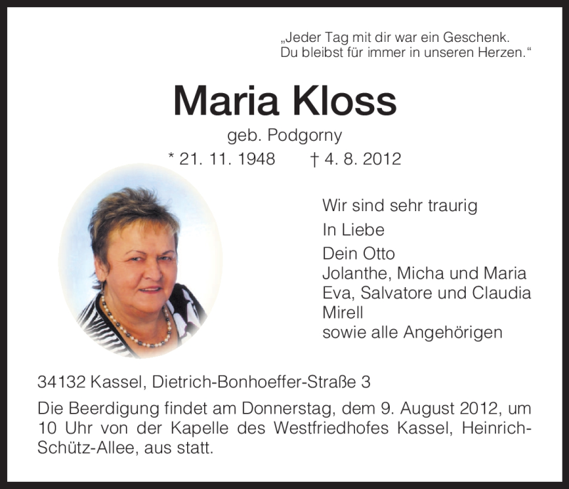  Traueranzeige für Maria Kloss vom 07.08.2012 aus HNA