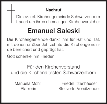 Traueranzeige von Emanuel Saleski von HNA