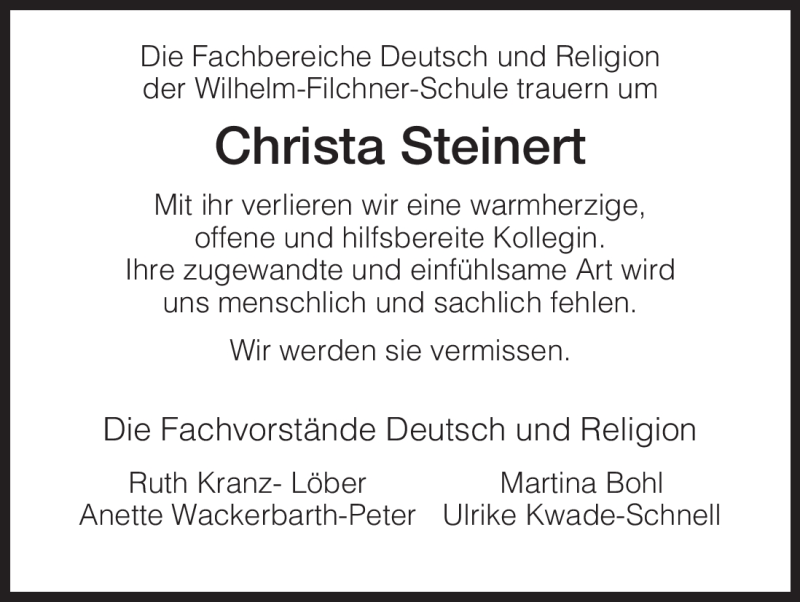  Traueranzeige für Christa Steinert vom 01.12.2010 aus HNA