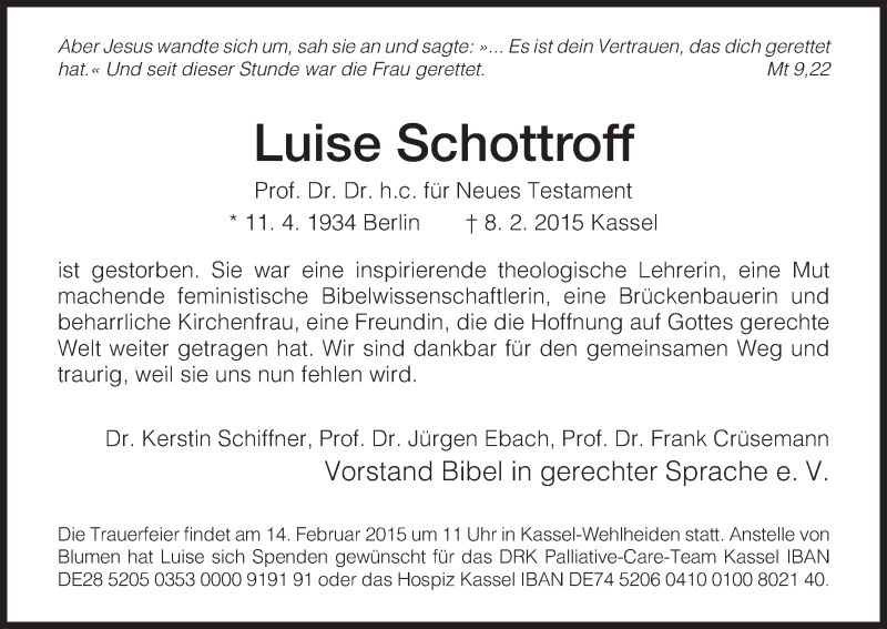  Traueranzeige für Luise Schottroff vom 13.02.2015 aus HNA