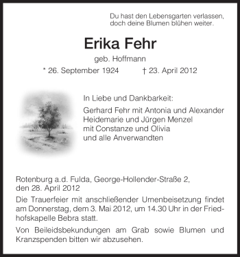 Traueranzeige von Erika Fehr von HNA