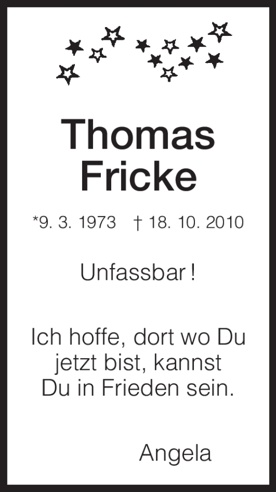  Traueranzeige für Thomas Fricke vom 23.10.2010 aus HNA