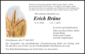 Traueranzeige von Erich Brüne von HNA