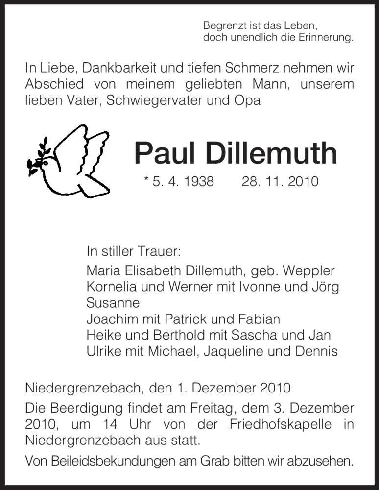  Traueranzeige für Paul Dillemuth vom 01.12.2010 aus HNA