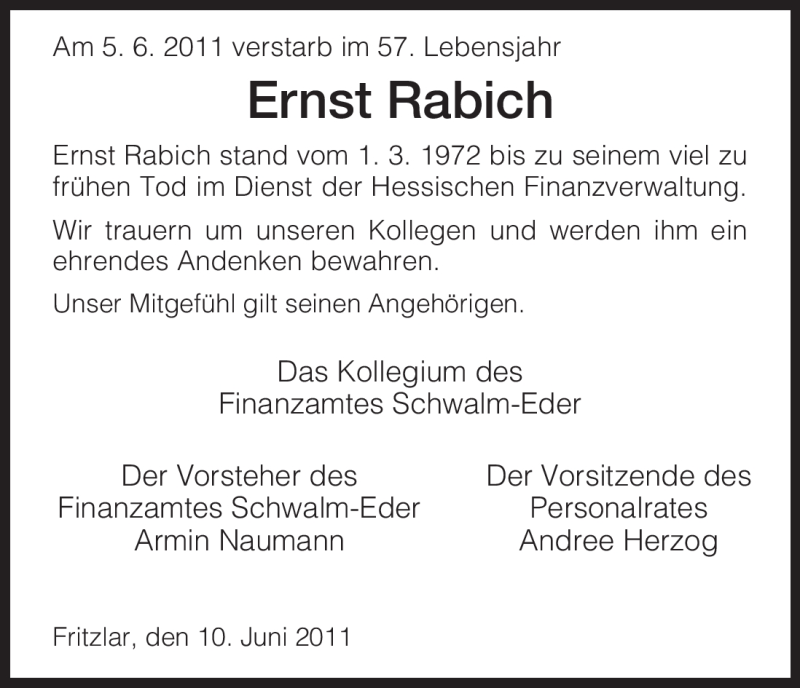  Traueranzeige für Ernst Rabich vom 10.06.2011 aus HNA