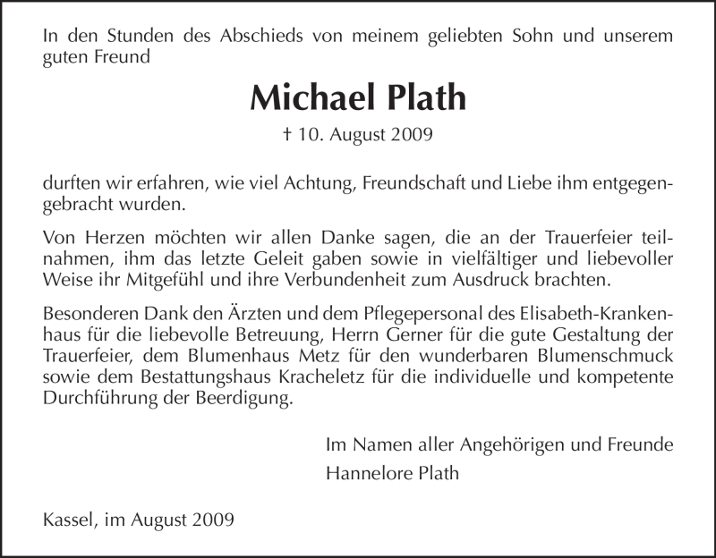  Traueranzeige für Michael Plath vom 29.08.2009 aus HNA
