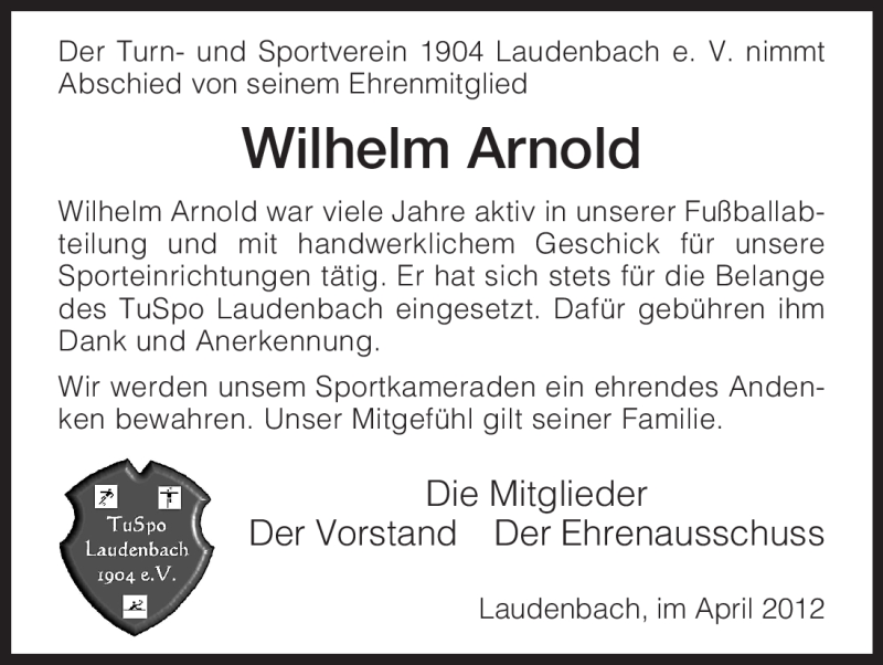  Traueranzeige für Wilhelm Arnold vom 04.04.2012 aus HNA