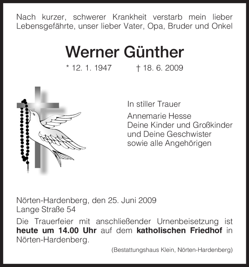  Traueranzeige für Werner Günther vom 25.06.2009 aus HNA