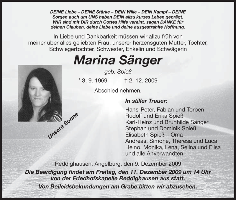  Traueranzeige für Marina Sänger vom 09.12.2009 aus HNA