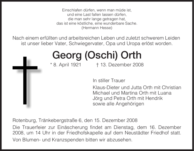  Traueranzeige für Georg Orth vom 15.12.2008 aus HNA
