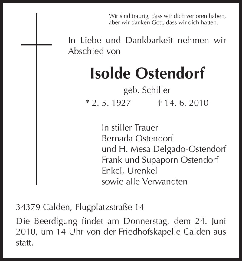  Traueranzeige für Isolde Ostendorf vom 22.06.2010 aus HNA