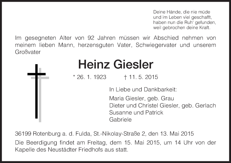 Traueranzeigen von Heinz Giesler | Trauer.HNA.de