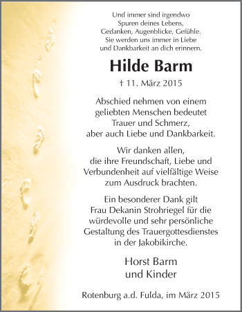 Traueranzeige von Hilde Barm von HNA
