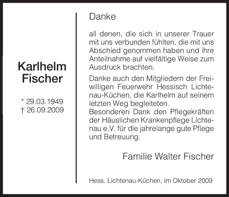  Traueranzeige für Karlhelm Fischer vom 14.10.2009 aus HNA