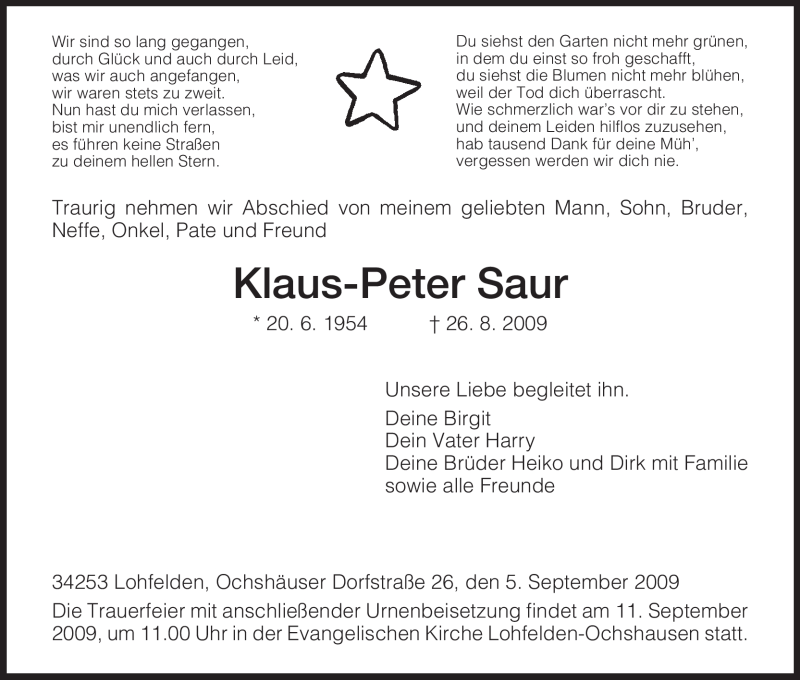  Traueranzeige für Klaus-Peter Saur vom 05.09.2009 aus HNA