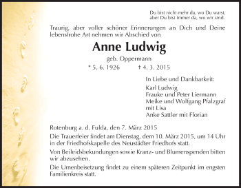 Traueranzeige von Anne Ludwig von HNA