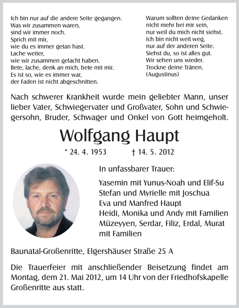  Traueranzeige für Wolfgang Haupt vom 17.05.2012 aus HNA