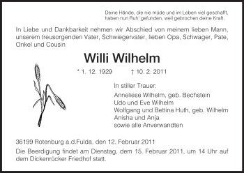 Traueranzeige von Willi Wilhelm von HNA