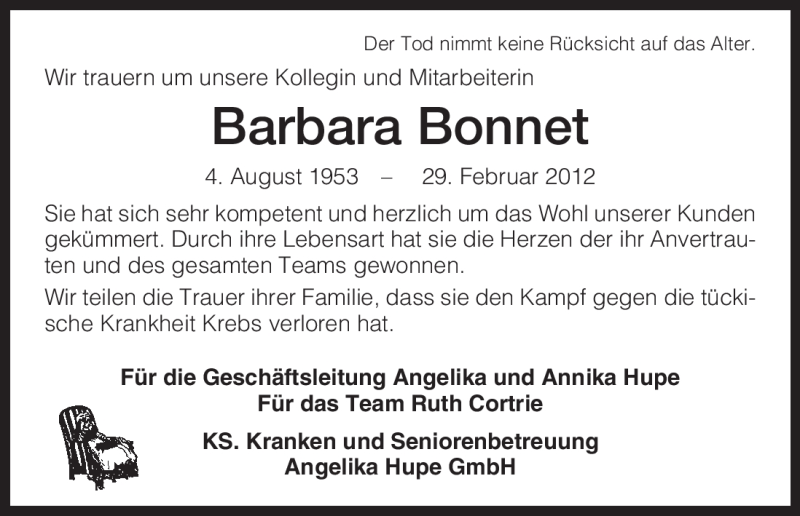  Traueranzeige für Barbara Bonnet vom 07.03.2012 aus HNA