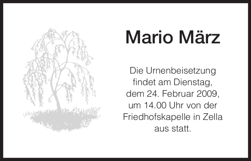  Traueranzeige für Mario Maerz vom 23.02.2009 aus HNA