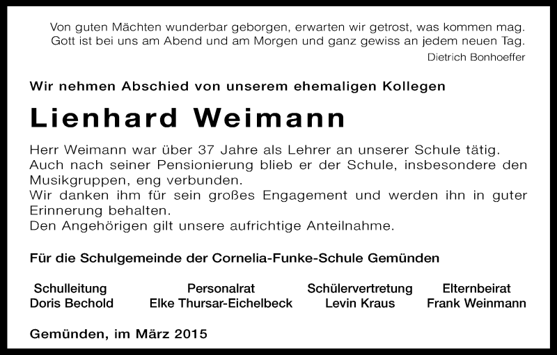  Traueranzeige für Lienhard Weimann vom 24.03.2015 aus HNA