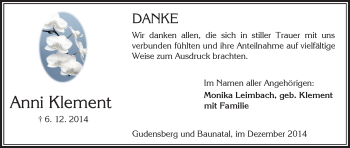 Traueranzeige von Anni Klement von HNA