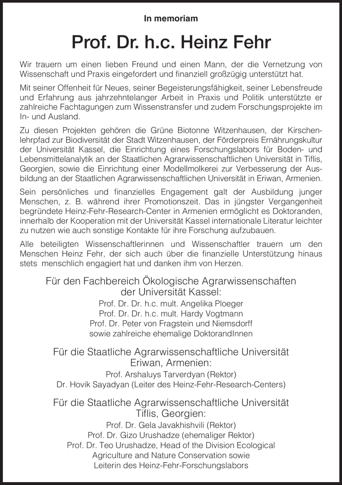  Traueranzeige für Heinz Fehr vom 11.12.2009 aus HNA