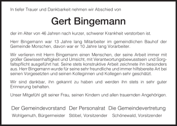 Traueranzeige von Gert Bingemann von HNA