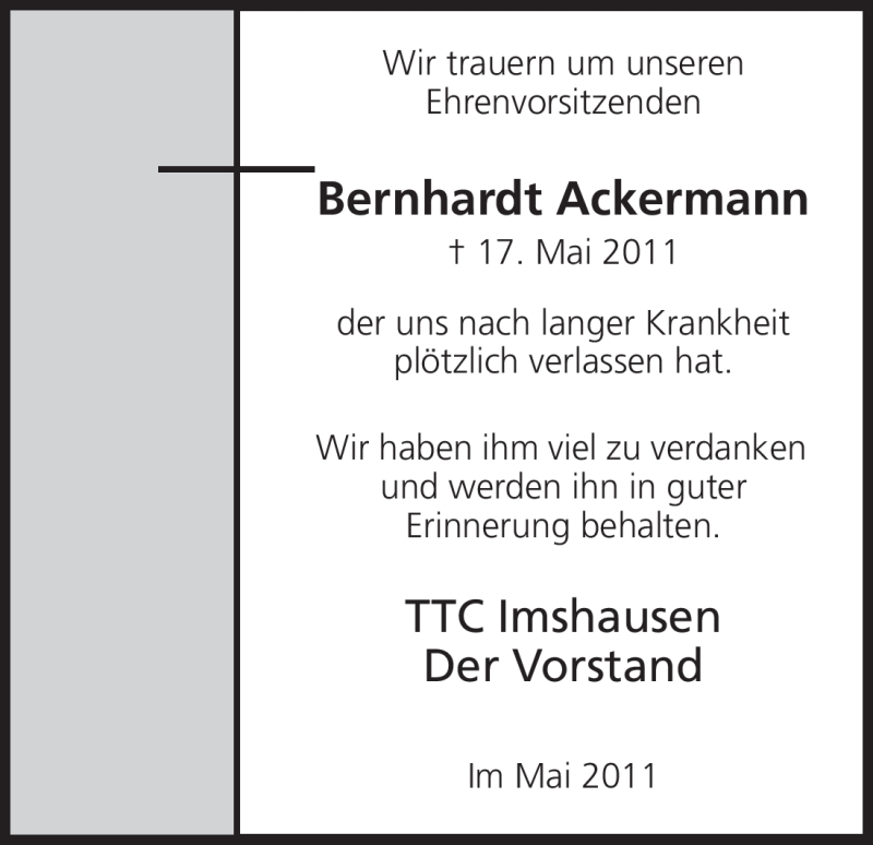  Traueranzeige für Bernhardt Ackermann vom 20.05.2011 aus HNA