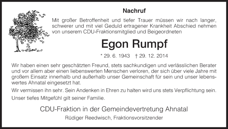  Traueranzeige für Egon Rumpf vom 03.01.2015 aus HNA