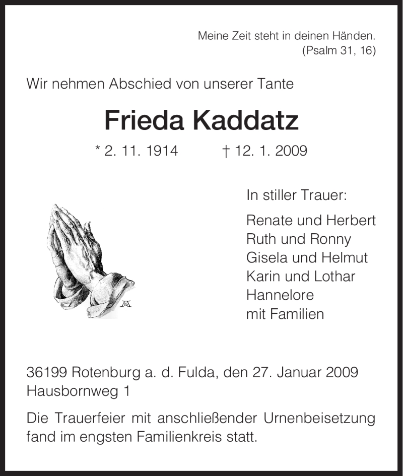  Traueranzeige für Frieda Kaddatz vom 29.01.2009 aus HNA