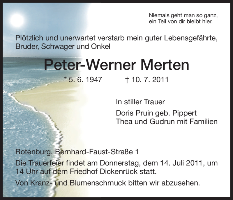  Traueranzeige für Peter-Werner Merten vom 13.07.2011 aus HNA