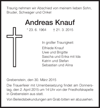 Traueranzeige von Andreas Knauf von HNA