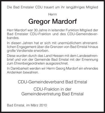 Traueranzeige von Gregor Mardorf von HNA