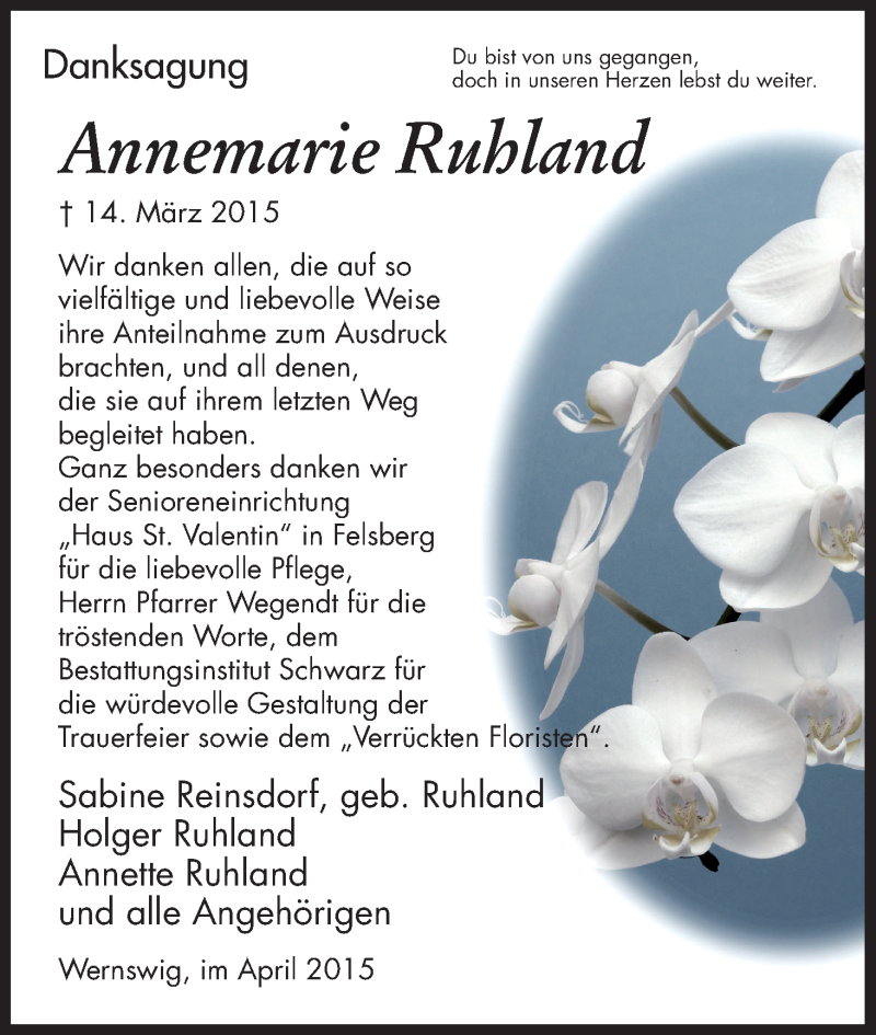  Traueranzeige für Annemarie Ruhland vom 11.04.2015 aus HNA