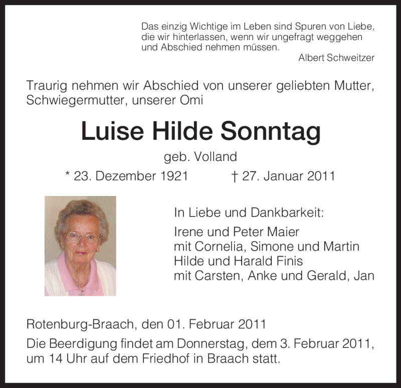  Traueranzeige für Luise Hilde Sonntag vom 01.02.2011 aus HNA