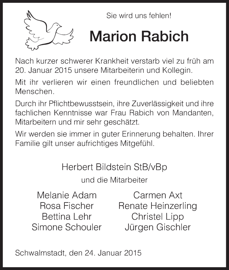  Traueranzeige für Marion Rabich vom 24.01.2015 aus HNA