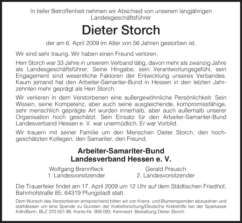  Traueranzeige für Dieter Storch vom 11.04.2009 aus HNA