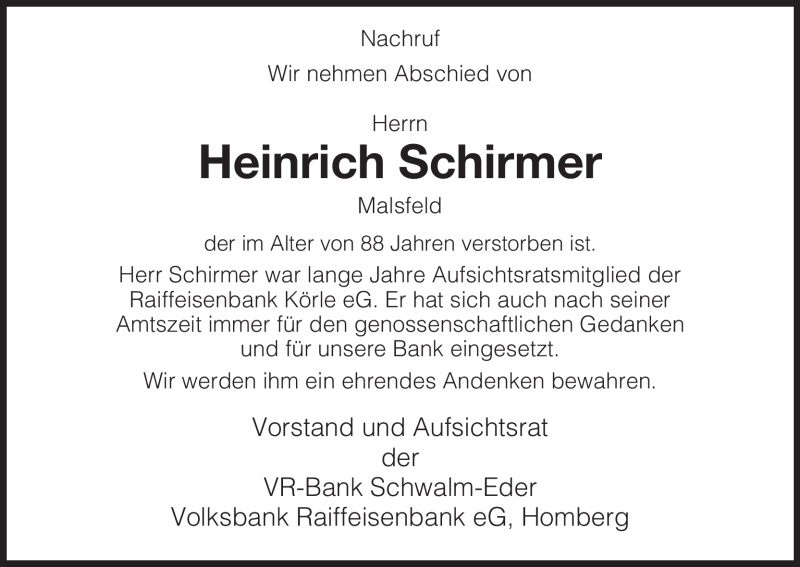  Traueranzeige für Heinrich Schirmer vom 25.06.2009 aus HNA