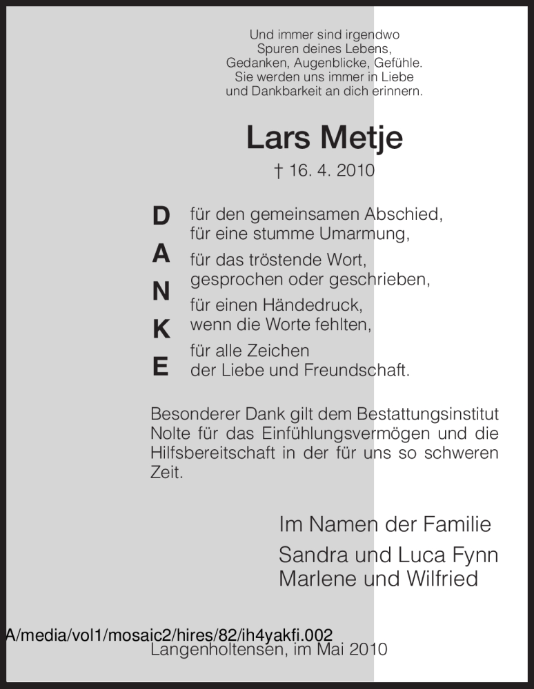  Traueranzeige für Lars Metje vom 08.05.2010 aus HNA