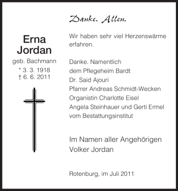Traueranzeige von Erna Jordan von HNA
